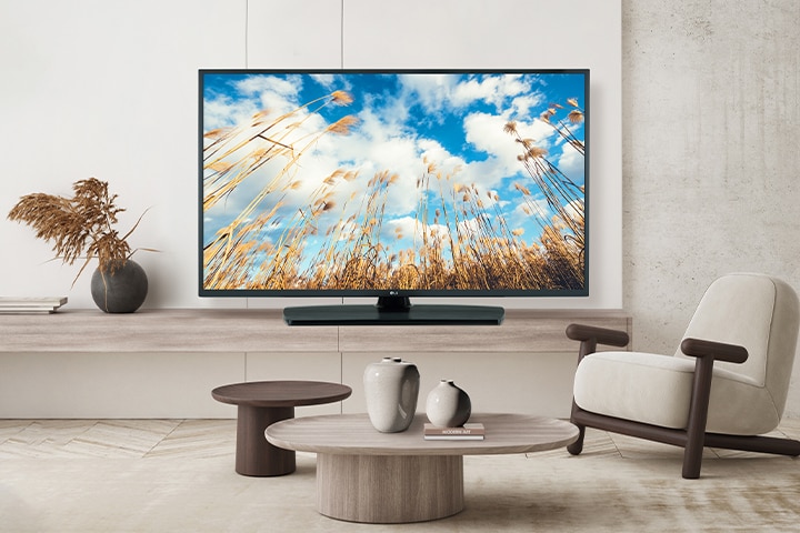 Uma TV na parede de um hotel mostra uma tela brilhante e nítida.