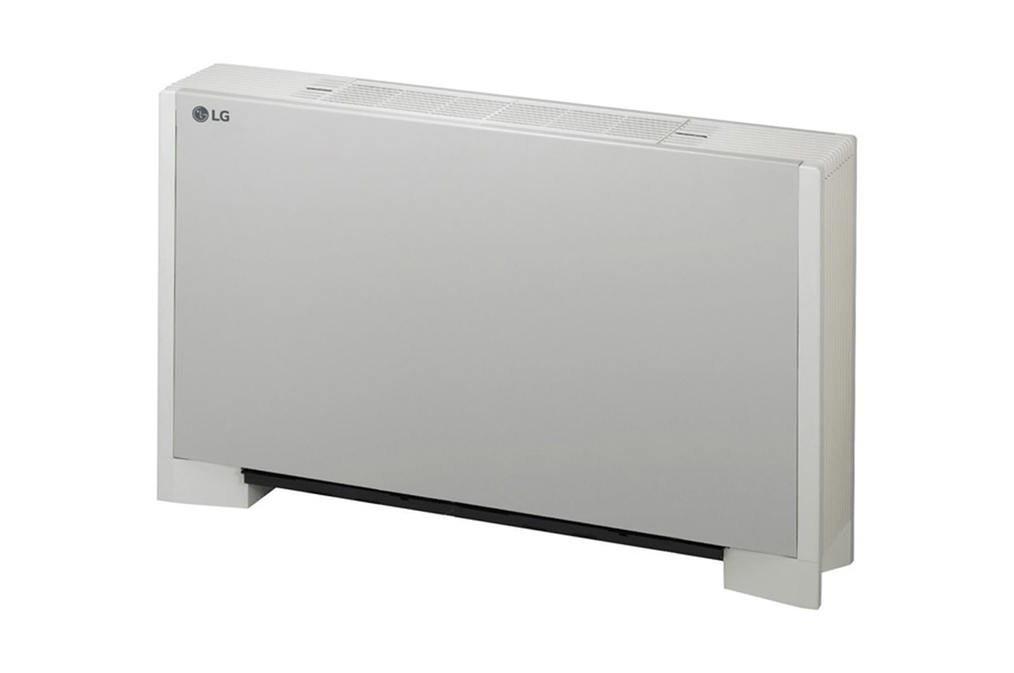 O LG Ceiling Suspended ARNU24GCFU4 tem o formato de um quadrado plano e pernas para ficar apoiado no chão. Uma saída de ar é instalada na parte superior.