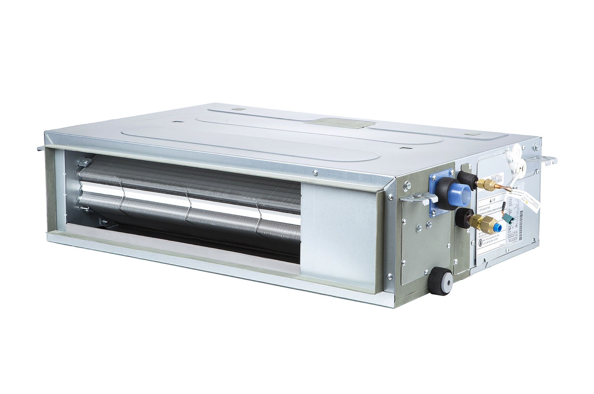 O LG Concealed Duct ARNU09GL4G4 é um paralelepípedo retangular cinza com algumas entradas de ar no lado direito e uma saída de ar na frente.