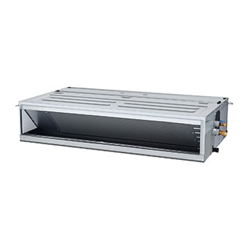 O LG Concealed Duct ARNU48GM3A4 é um paralelepípedo retangular cinza com algumas entradas de ar no lado direito e uma saída de ar na frente.