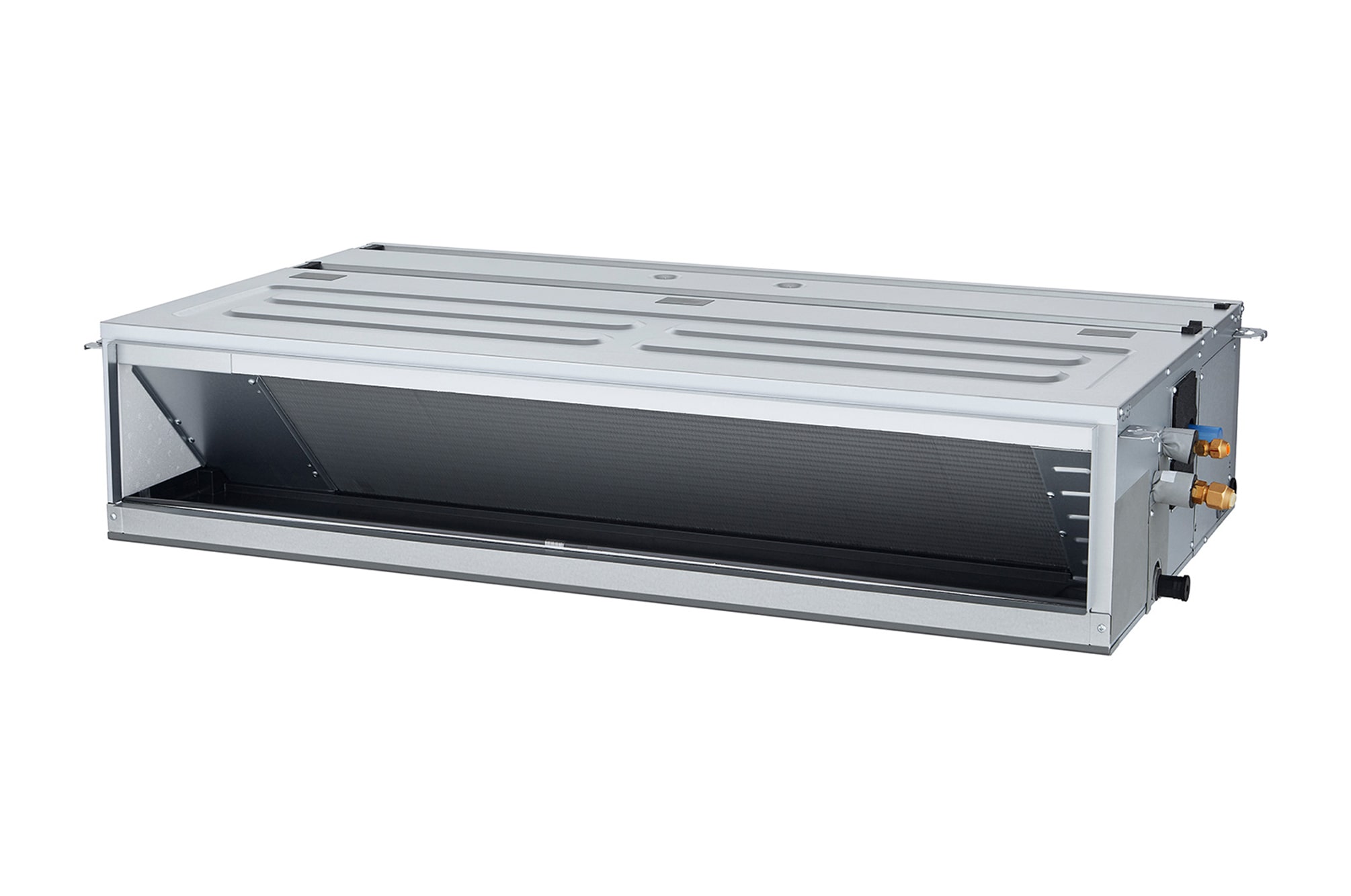 O LG Concealed Duct ARNU48GM3A4 é um paralelepípedo retangular cinza com algumas entradas de ar no lado direito e uma saída de ar na frente.