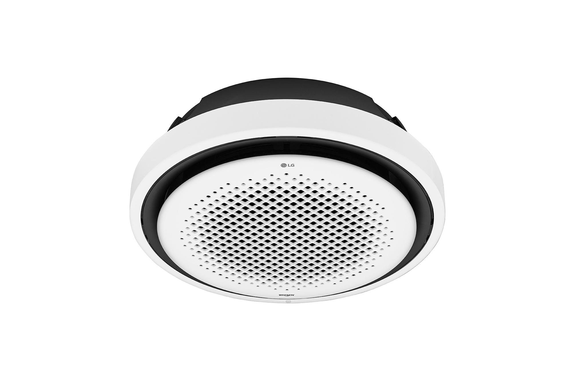 A unidade interna LG Round Cassette de 48 kBTU tem vários orifícios no centro do círculo, e as bordas são pretas e com faixas ao redor.