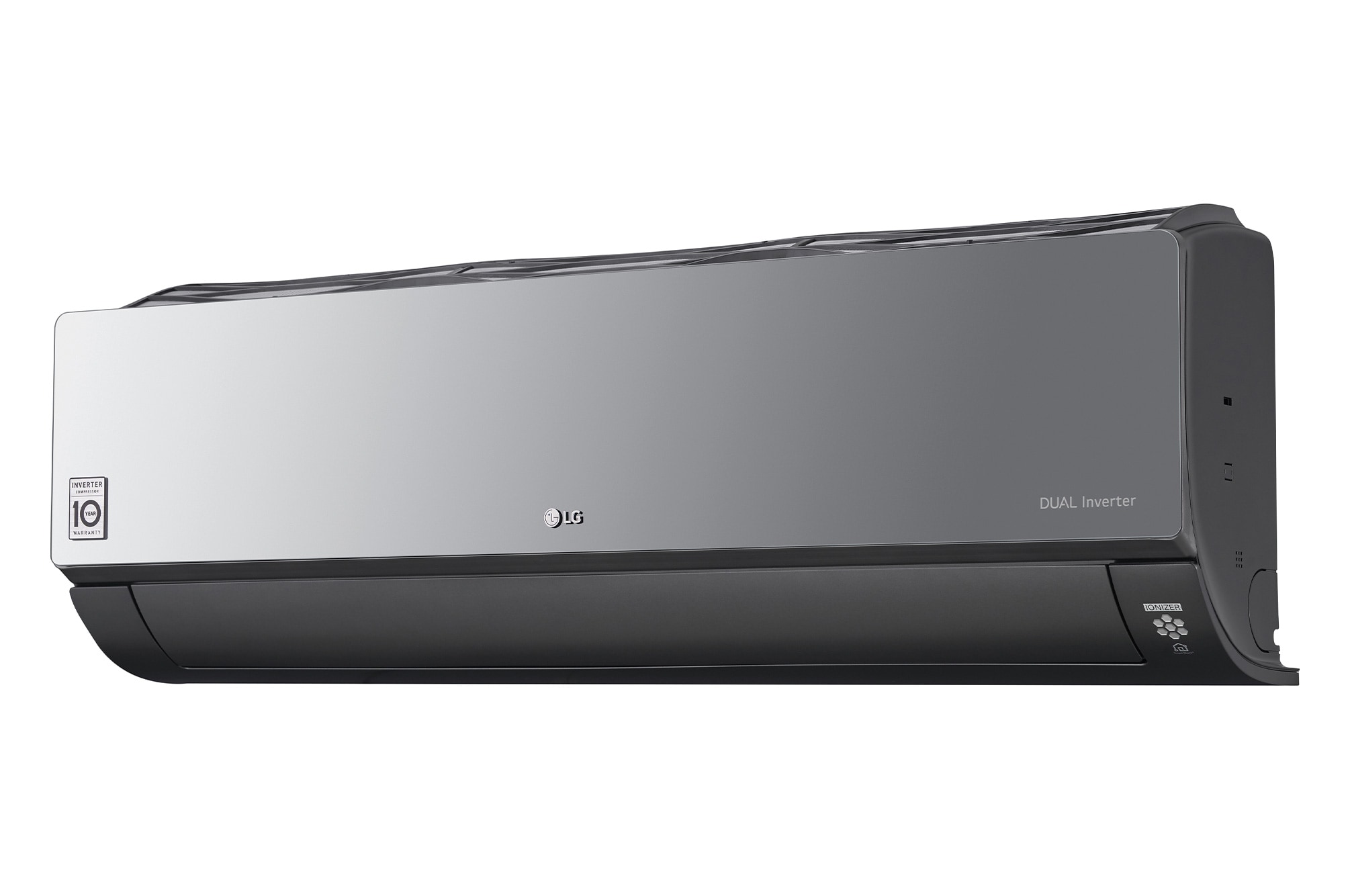 O LG Wall Mounted ARNU24GSKR4 tem um formato longo de paralelepípedo retangular com cor preta e uma leve curva na parte inferior. Há uma saída de ar na parte inferior e uma grade na parte superior.