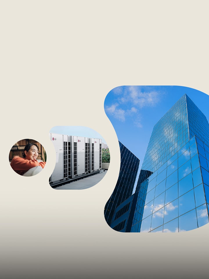 Imagem mostrando um técnico instalando uma unidade de ar-condicionado, um detalhe de uma grade de ventilação e uma mulher sorridente relaxando dentro de casa