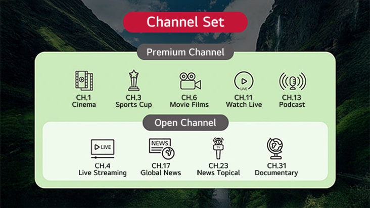 Os canais de TV fornecidos pela solução podem ser categorizados em grupos com base em seus tipos. Isso inclui a configuração de canais de TV padrão e canais adicionais exclusivos para clientes premium.