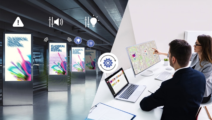 Esta imagem ilustra a alteração das configurações da sinalização instalada. A imagem à esquerda mostra a capacidade de detectar erros na tela, ajustar o volume e controlar o brilho. A imagem à direita mostra como os administradores podem gerenciar remotamente a sinalização sem a necessidade de visitas no local quando surgem problemas.