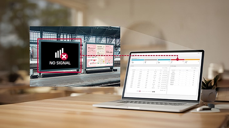 A imagem do painel do LG SuperSign Control+ é exibida na tela de um laptop, mostrando os status de erro de sinalização visíveis à esquerda e permitindo verificações remotas diretamente do painel.