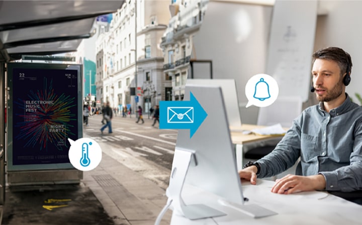 Se a temperatura dos dispositivos externos ultrapassar o limite definido, uma notificação por e-mail será enviada automaticamente ao responsável.