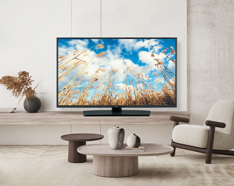 Uma TV na parede de um hotel mostra uma tela brilhante e nítida.