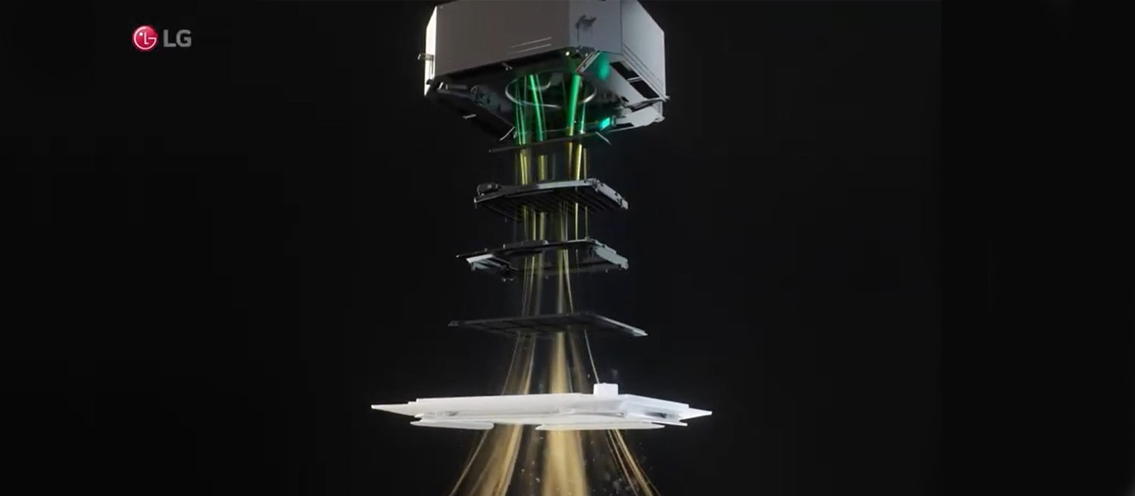 Ilustração em 3D mostrando as cinco etapas do sistema de filtragem de ar da LG, com componentes internos sendo destacados para demonstrar o processo de purificação avançada