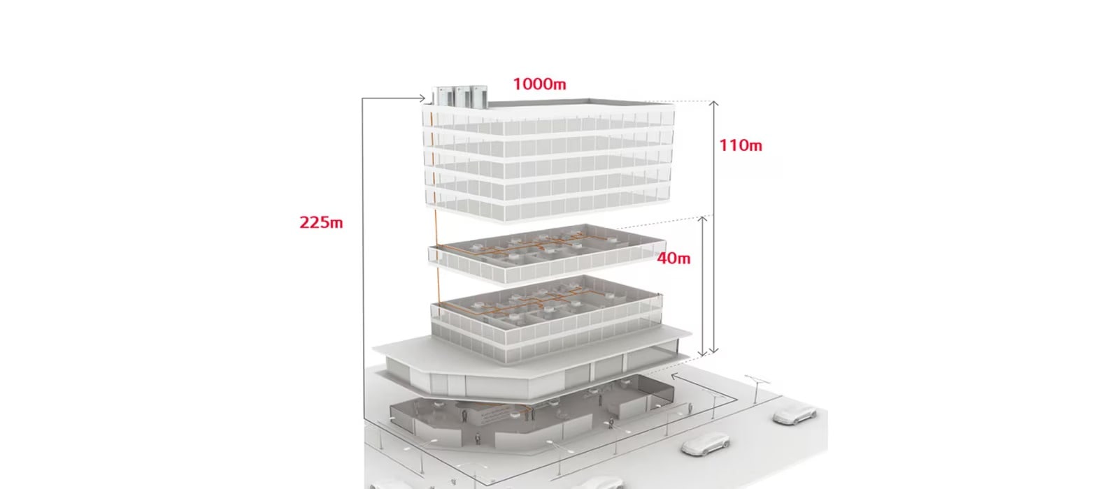 Exploded 3D diagram of an air purifier showing layered internal components, including filters and airflow structure, with labeled measurements.