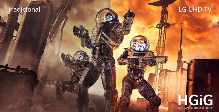 A mesma cena de jogo é mostrada com mais clareza na tela da UHD TV com função HGiG, em comparação com a tela convencional.