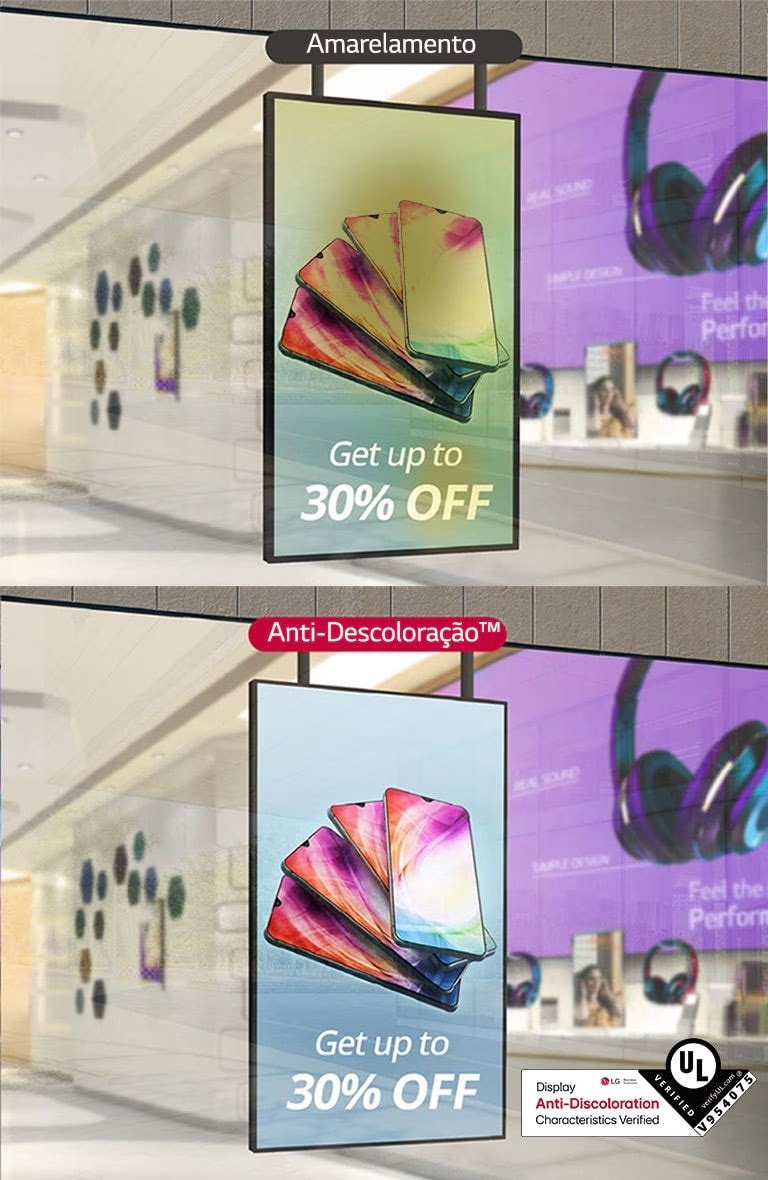O lado esquerdo da tela apresenta amarelamento, prejudicando sua qualidade, mas com o modelo XS4P, que recebeu a Certificação UL para Recursos Anti-Descoloração de Display, a imagem permanece nítida, preservando a qualidade do display.