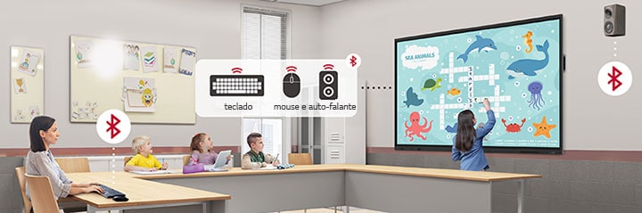 O quadro inteligente da LG pode se conectar sem fio a dispositivos como teclados, mouses e alto-falantes via Bluetooth.