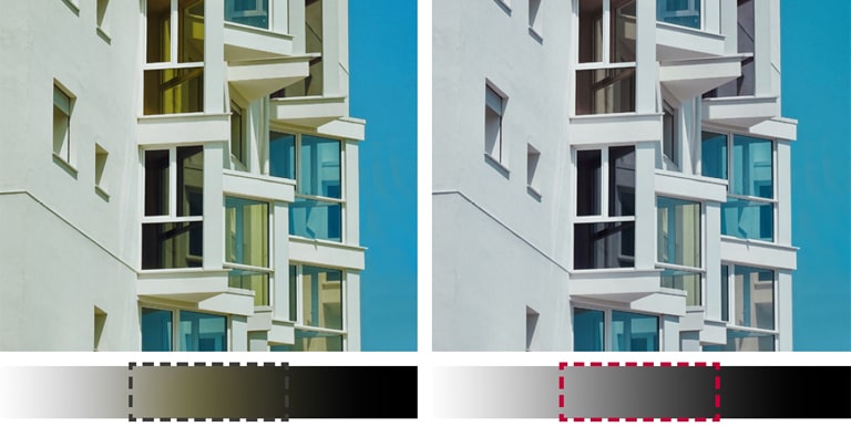 Uma anomalia que aparece amarelada, como a imagem esquerda, pode ser modificada para um tom de cinza, como a imagem direita, ajustando-se o valor gama manualmente.