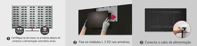 Tres pasos simples: fijar gabinetes, montar módulos y conectar energía.