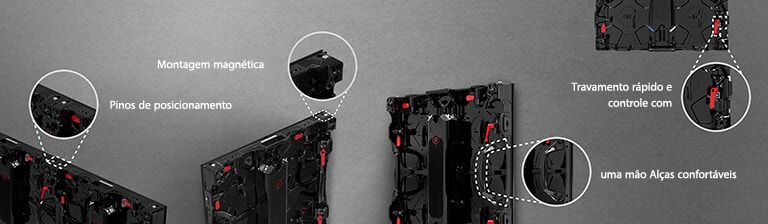 As partes referentes a "Pinos de Posicionamento", "Montagem magnética" e "Fecho rápido e controle com uma mão" aparecem ampliadas a partir do gabinete.