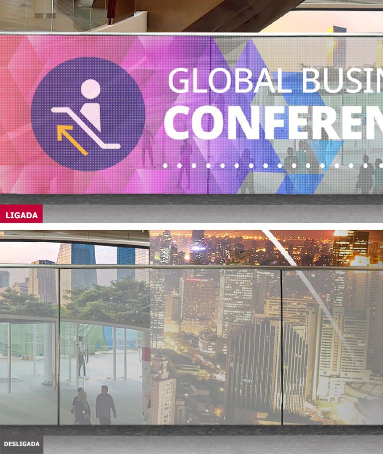 A película LED transparente da LG exibe informações quando ligada e reflete o que está por trás do produto quando desligada.