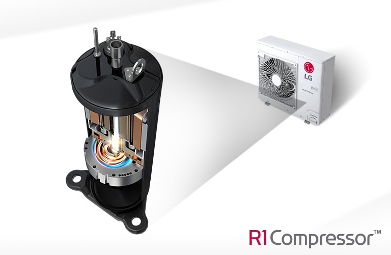 O LG R1 Compressor é ampliado e exibido à esquerda, ao lado do LG Multi V S à direita. O complexo interior do compressor é visível.