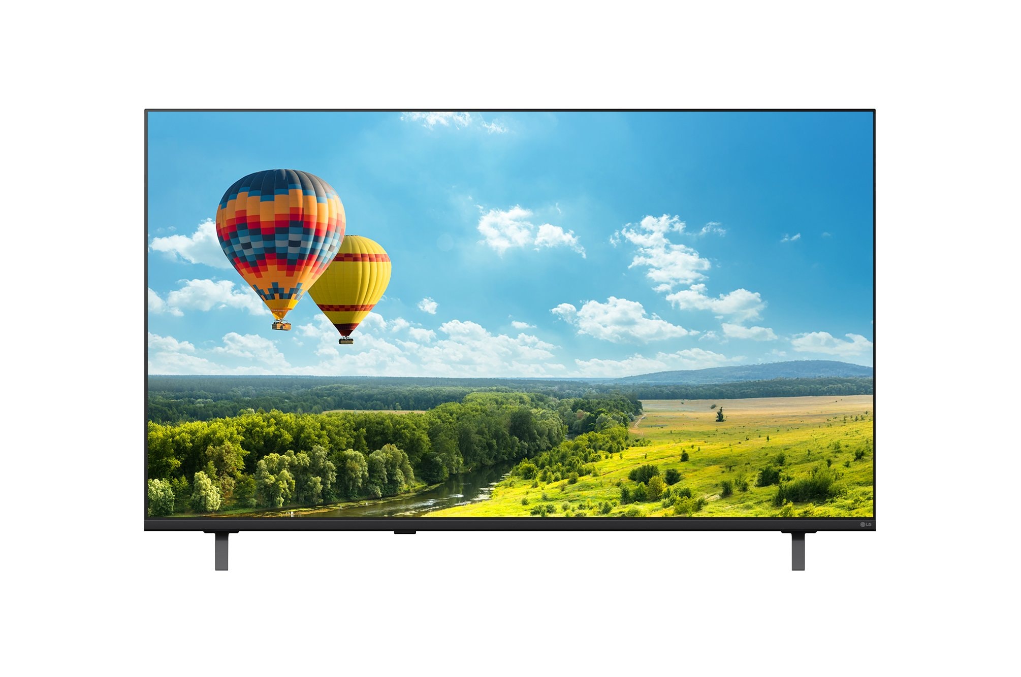 Vista frontal da LG Smart TV 4K UHD de 55'' 55NU85CB com imagem ilustrativa na tela
