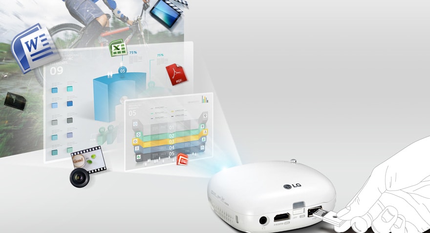 Projetor independente. Várias formas de conectar-se, além do plug