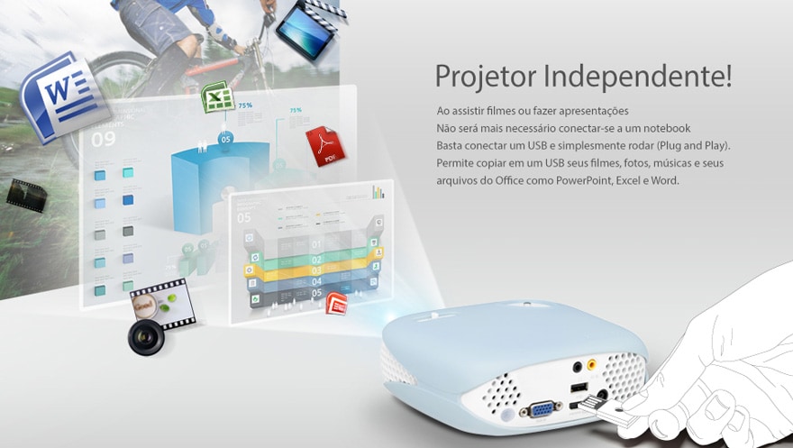 Projetor independente. Várias formas de conectar-se. Além do Plug