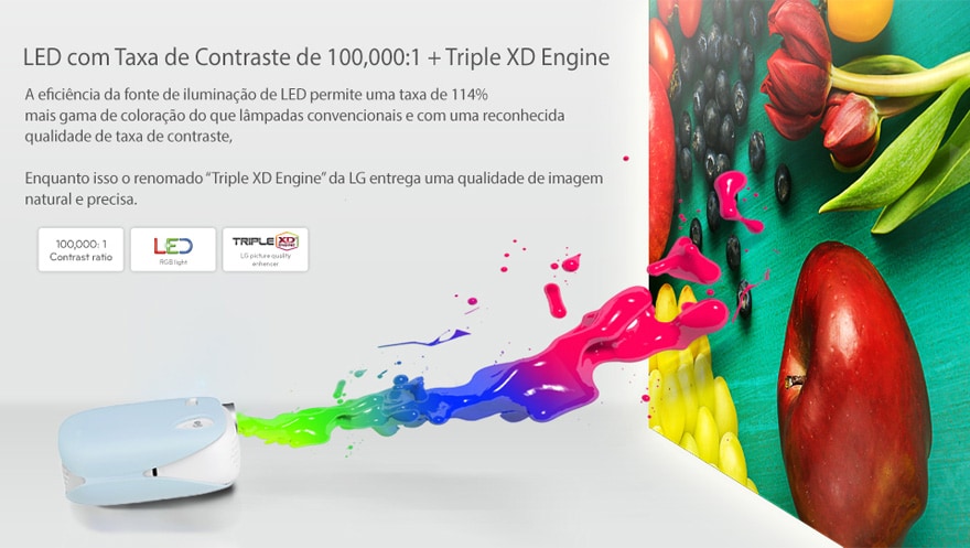 Tecnologia de lâmpada LED e Triple XD Engine, que conferirá imagens claras e nítidas.