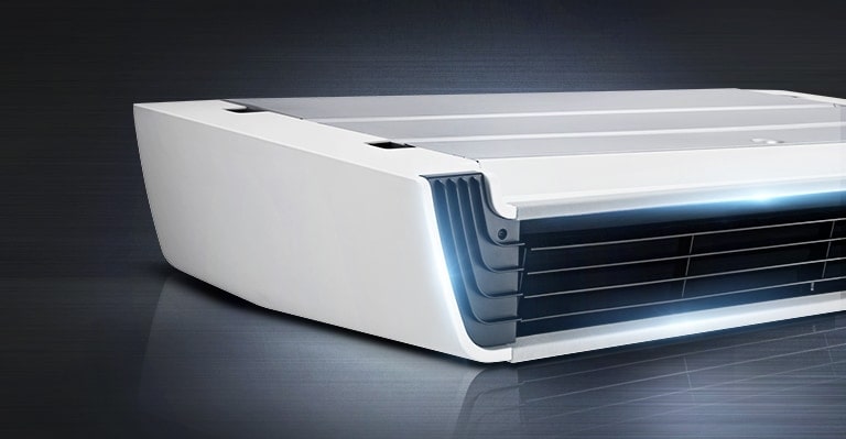 A visão frontal da unidade LG Teto é parcialmente visível, com sua área de duto preta brilhando com destaque.