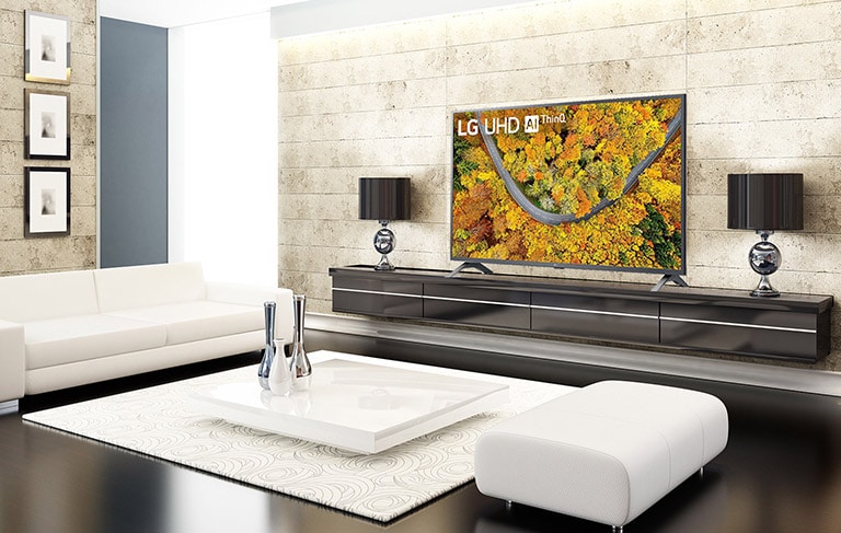 Um sala luxuosa com uma TV mostrando uma vista aérea de árvores avermelhadas.