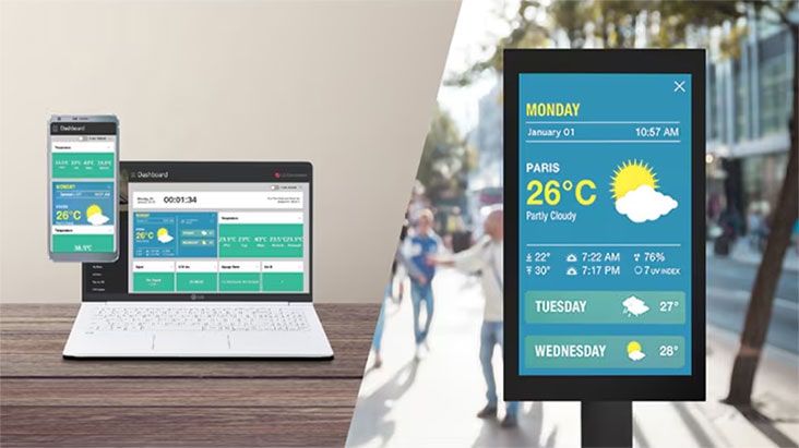 Os usuários podem monitorar e controlar seus displays por meio de um celular ou laptop.