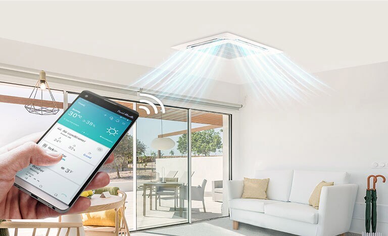 An image of someone operating an air conditioner on the ceiling, with a smartphone.