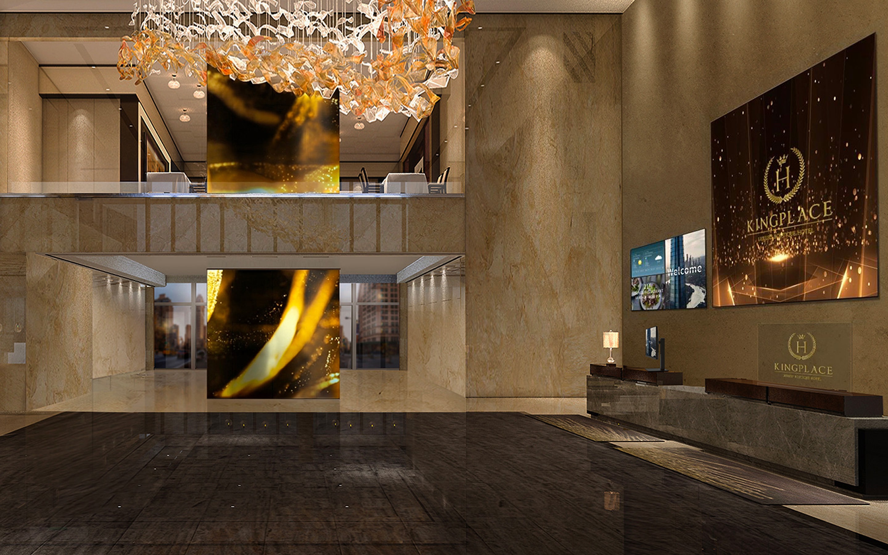 Elegant hotel lobby showcasing LG integrated solutions with luxury design, digital signage, and climate control systems for a premium guest arrival experience.