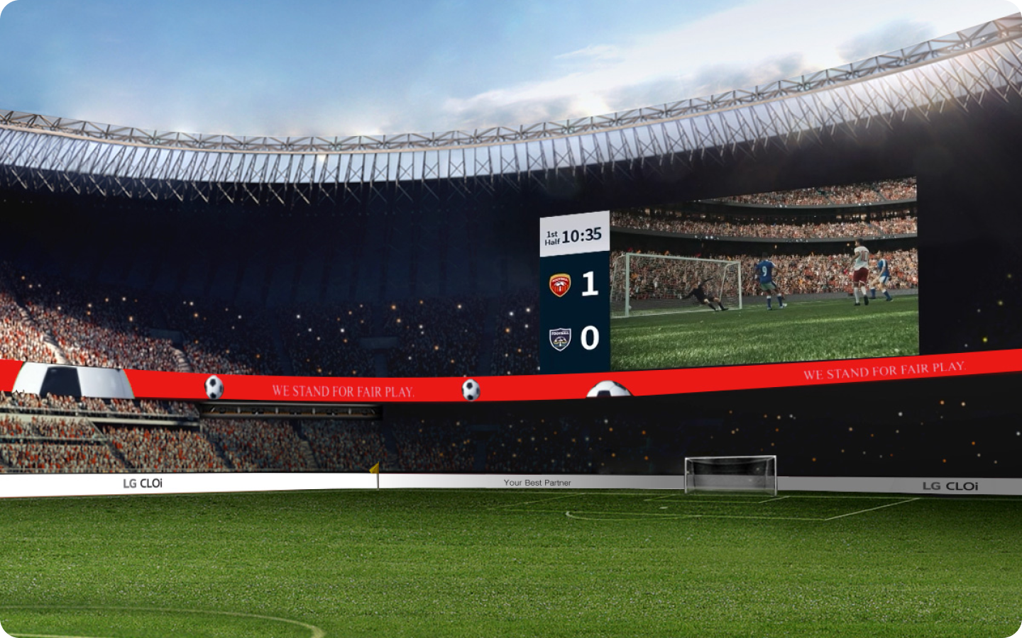 LG public facility stadium scene featuring vivid LED signage and air system icons, showcasing advanced LG outdoor display technology and HVAC solutions for enhanced fan experience.