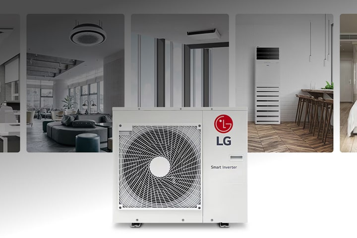 G Smart Inverter outdoor air conditioning unit displayed with examples of indoor applications in living room, dining area, and bedroom