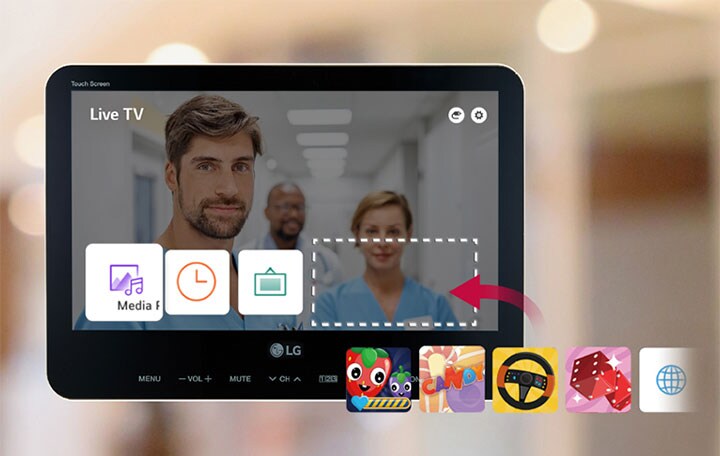 Various apps such as games, web browsers, or clocks are shown on the TV launcher.