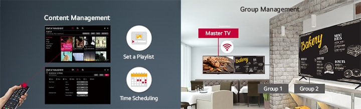 Easily set the playlist and time scheduling with a remote controller using the display-embedded content management function. Group management is supervised through the Master display, Group 1, and Group 2 displays.