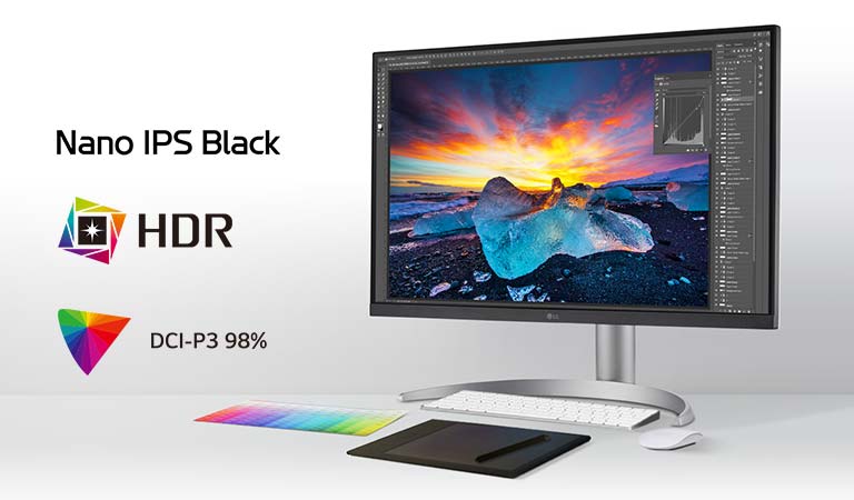 The 27-inch UHD 4K (3840x2160) Nano IPS Black display provides exceptional images and accurate colour with DCI-P3 98% (Typ.).