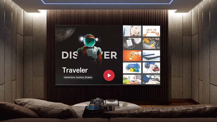 This image shows a large screen in a room, highlighting the option to choose from multiple channels.