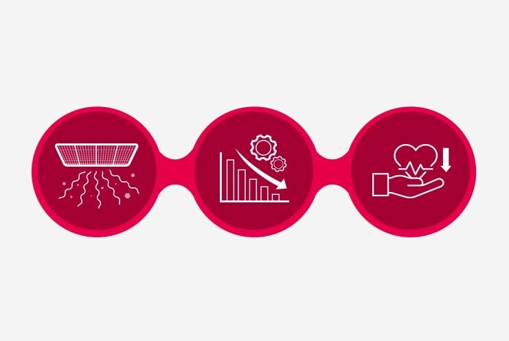 Icon for filter contamination, reduced energy efficiency, and poor health.