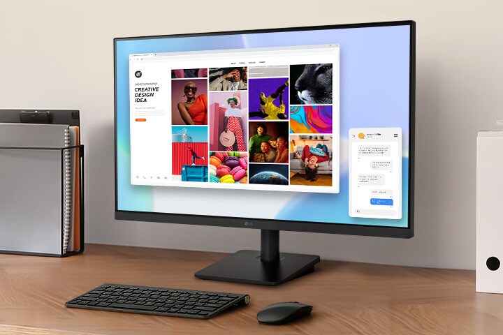The Full HD IPS monitor is on the desk, showing clear and accurate color images on its screen.	