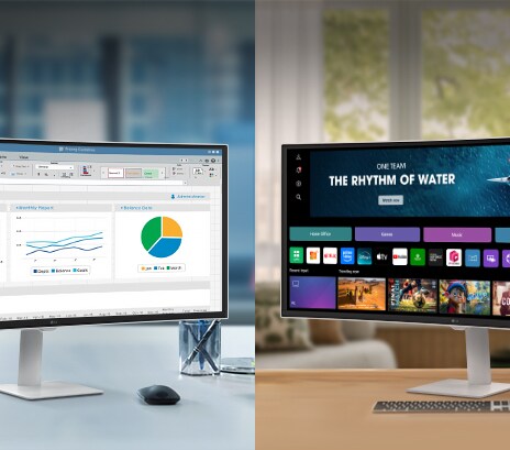A photo showcasing LG Smart Monitors in a office and home.