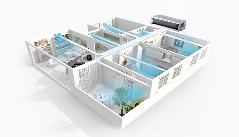 Le conduit intégré au plafond de LG émet un flux d’air visible bleu dans plusieurs pièces.