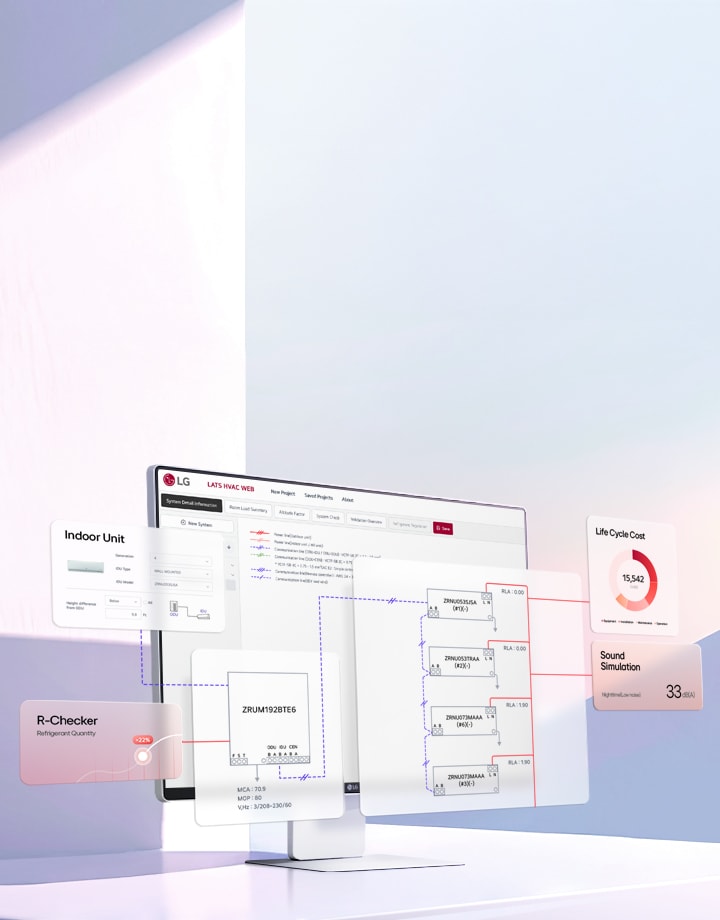 LG LATS Web interface showing HVAC diagrams, R-Checker, Life Cycle Cost, and Sound Simulation.