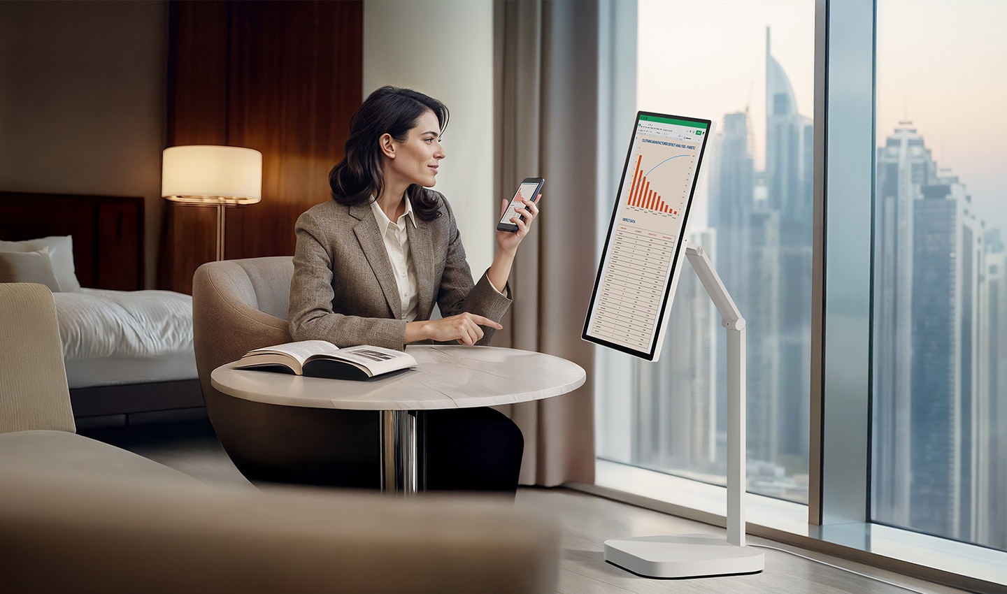 Une femme consulte un graphique sur un LG Smart Monitor Swing dans une chambre d’hôtel.