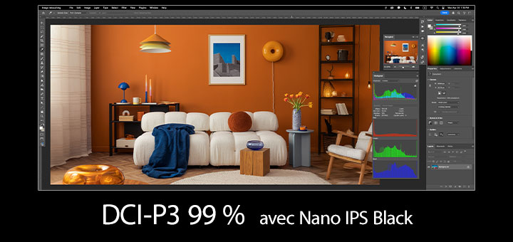 Image pleine taille de l’écran avec un programme de design affichant des couleurs éclatantes.