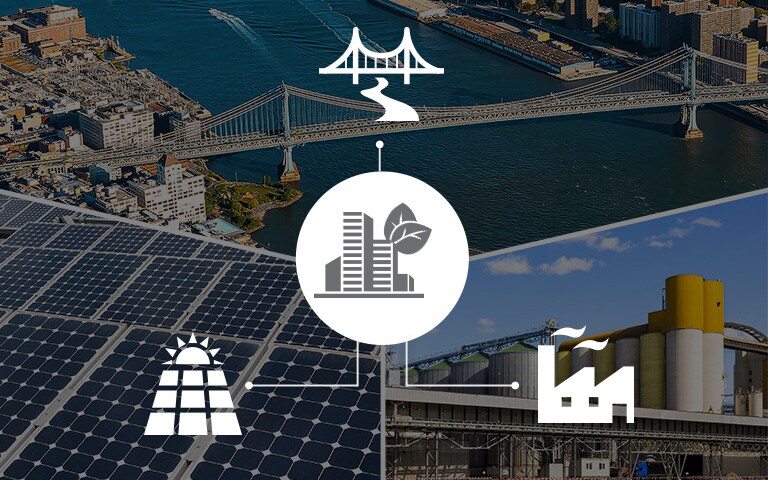 Tres imágenes de una fábrica, un puente de acero y paneles solares con iconos que coinciden.