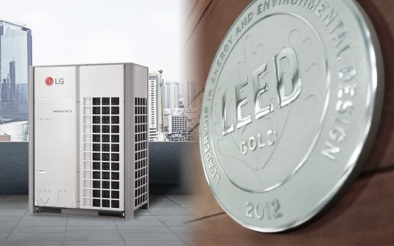 Imágenes de una unidad exterior instalada en el techo de un edificio y la certificación LEED® en una pared.