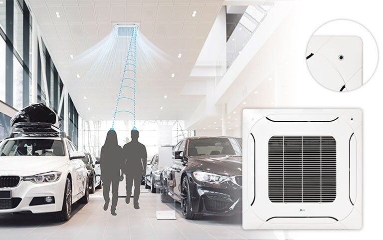 Imagen de gente en un salón de automóviles con el aire acondicionado encendido.