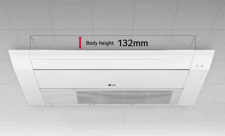 Se muestra el cassette de techo LG One Way, con una línea de puntos y una flecha roja que marcan la altura del cuerpo de la unidad de 132 mm.