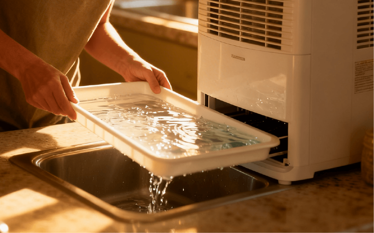 Bandeja de agua de deshumidificador siendo vaciada en un fregadero